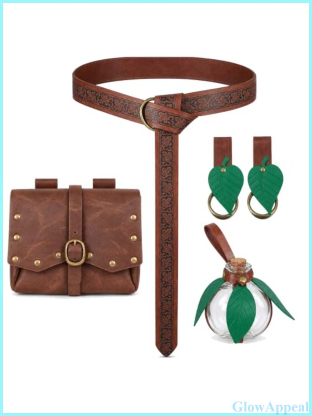 Renaissance Faux Leather Belt 5 Pc Set with Pouch, Potion Bottle & Leaf Accents